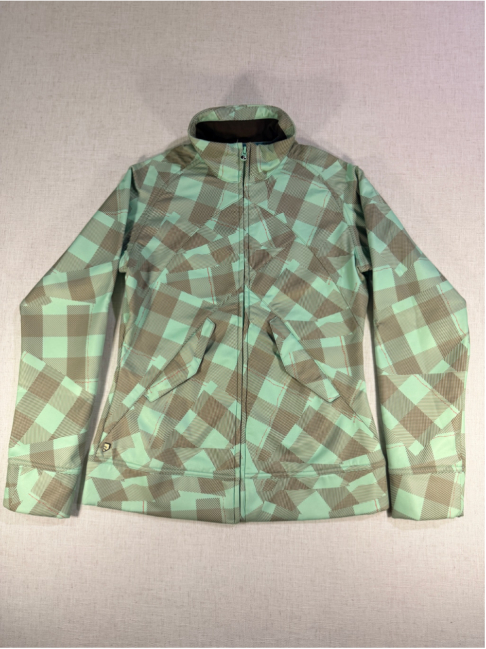 Salomon Women’s Fleece Lined Softshell Ski Jacket Geometric Plaid Mint Brown M